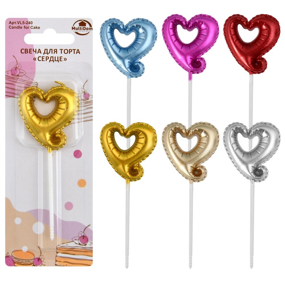 Свеча для торта Сердце VL5-240  10,5см, инд.упак.по 1шт, микс
